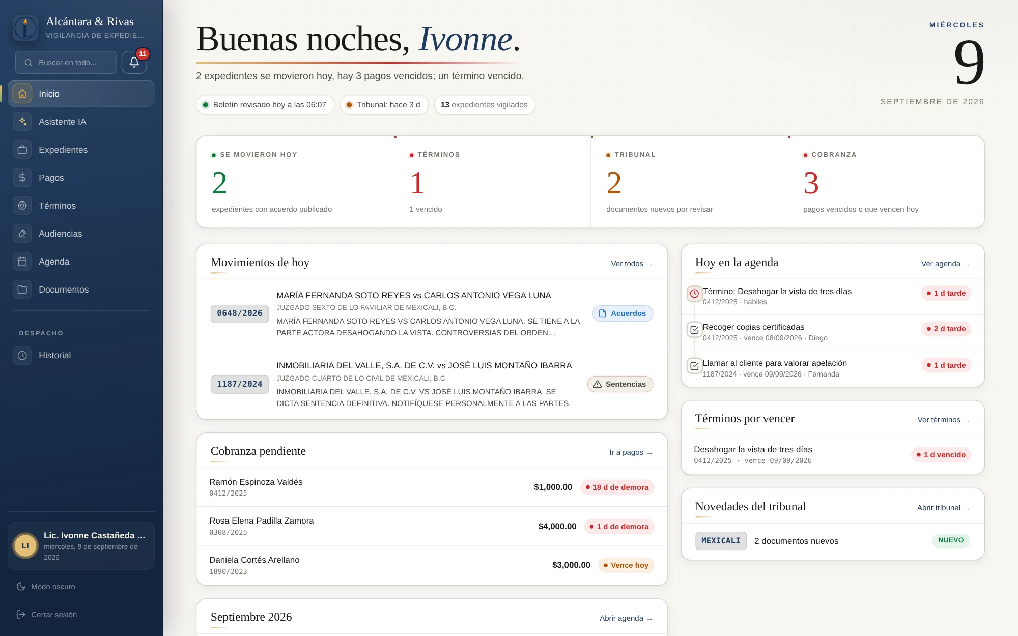 Inicio de Lexvela: saludo del día, indicadores, movimientos de hoy, agenda, cobranza y términos por vencer